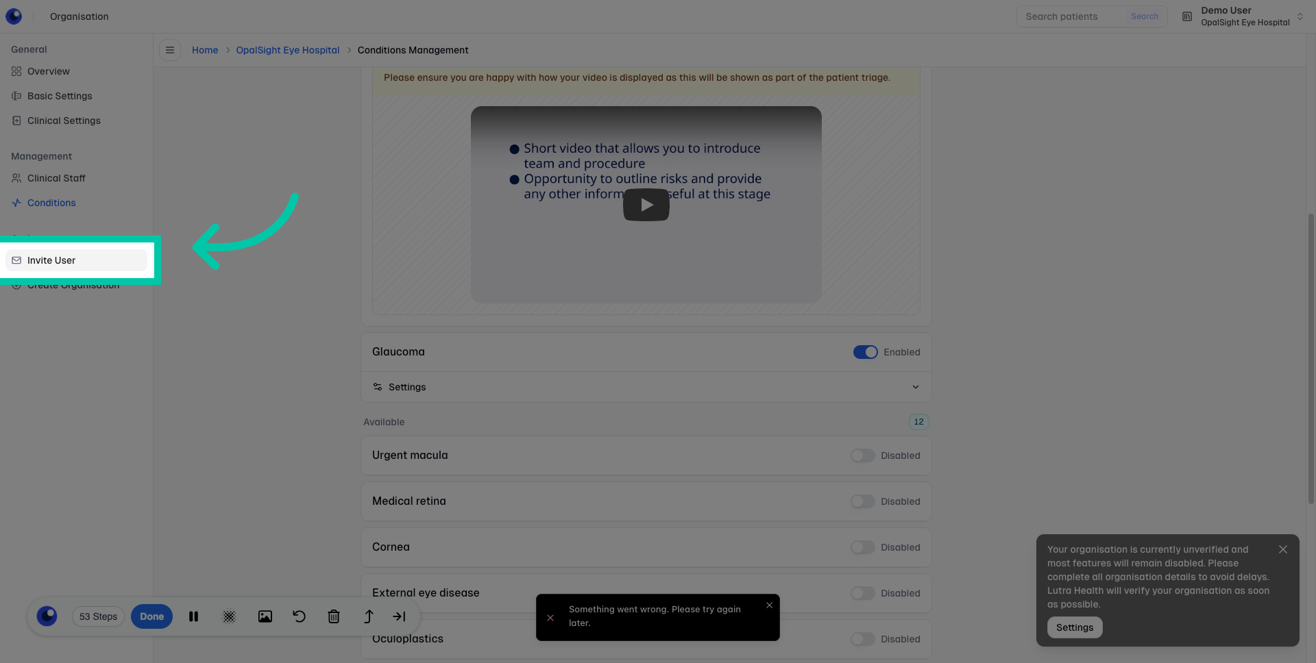 Organisation settings screen with the ‘Invite User’ option highlighted