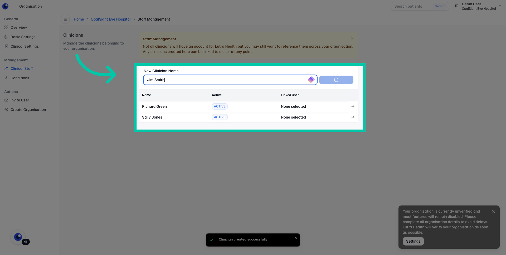 Clinical Staff section with fields to add clinician names within the organisation