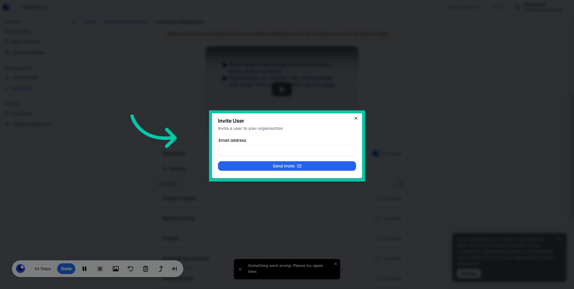 Form field for entering a user’s email address to invite them to the organisation