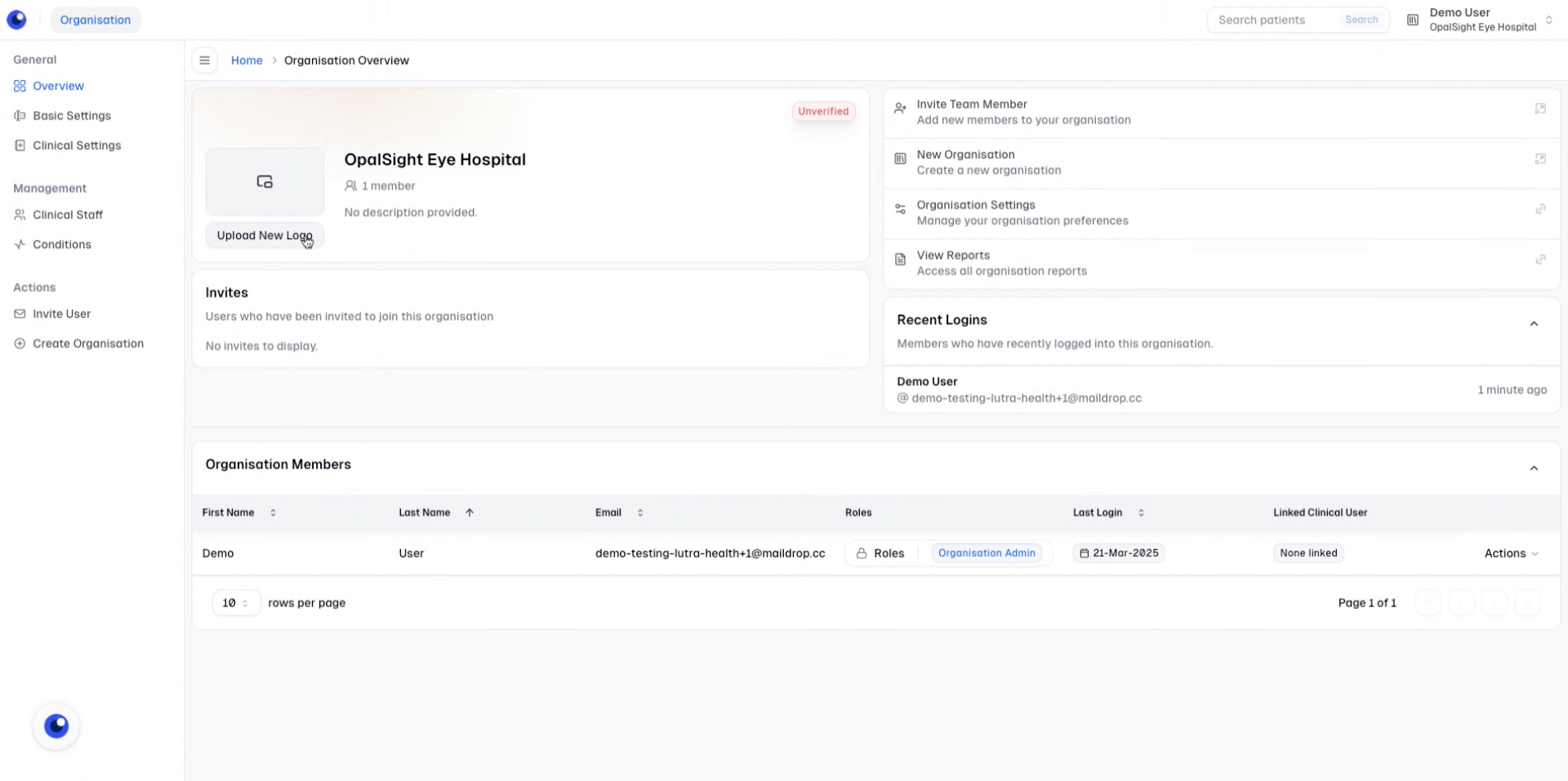 Overview of organisation members list showing current users, roles and pending invites