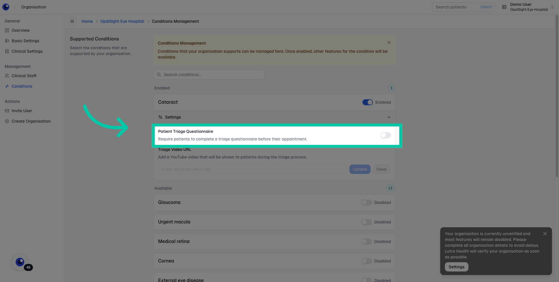 Option to enable the patient triage questionnaire for a condition in the organisation settings