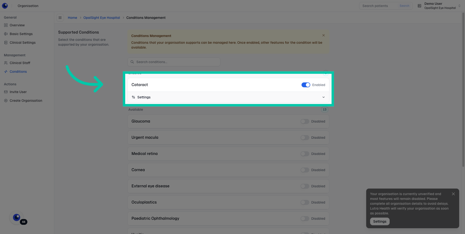 List of clinical conditions with toggle switches to enable or disable support and Quick Referrals