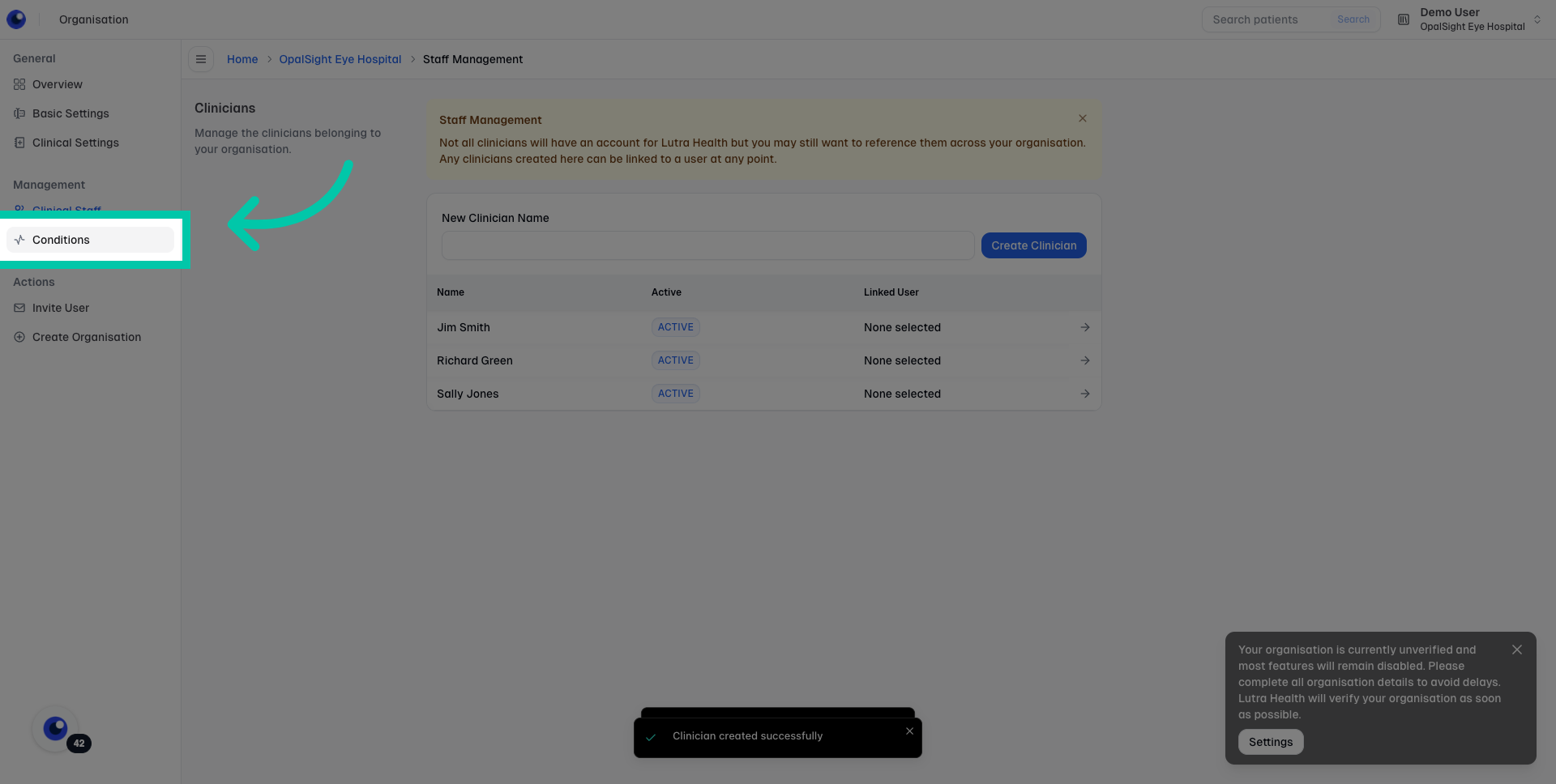 Organisation settings screen showing the ‘Conditions’ section where you manage supported conditions