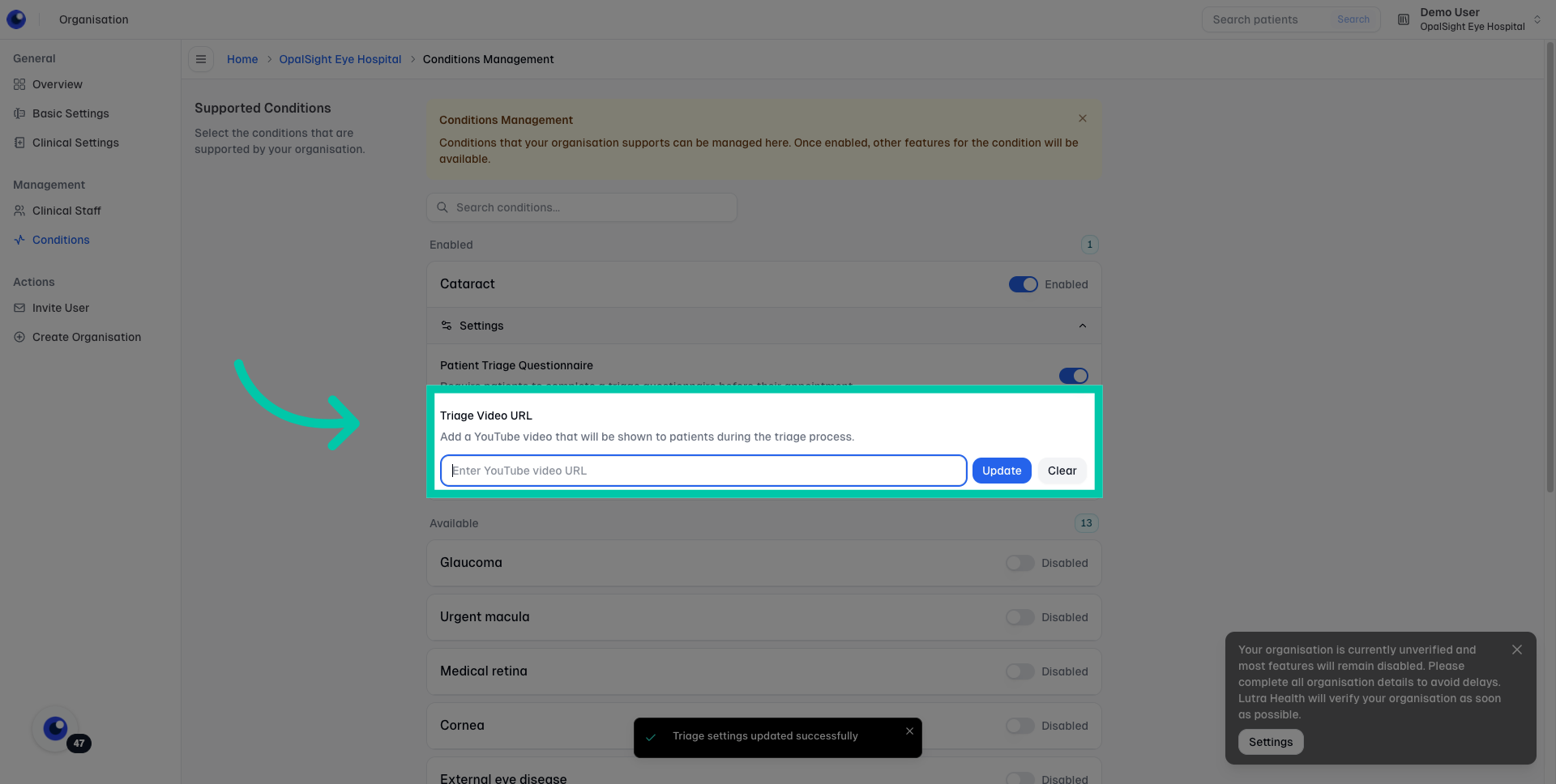 Field showing how to add a YouTube video URL to include with the patient triage questionnaire