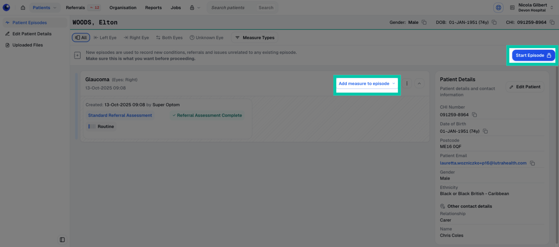 Patient record screen showing option to add a patient reported measure to an existing or new episode