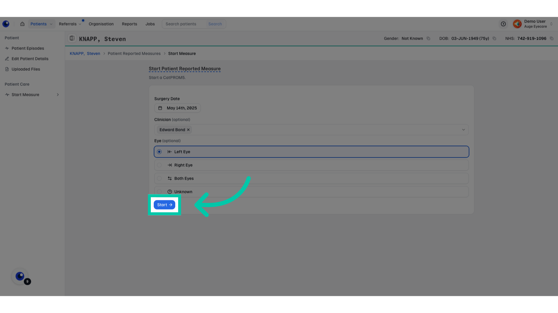 Button labelled ‘Start’ to begin the patient reported measure and schedule communications