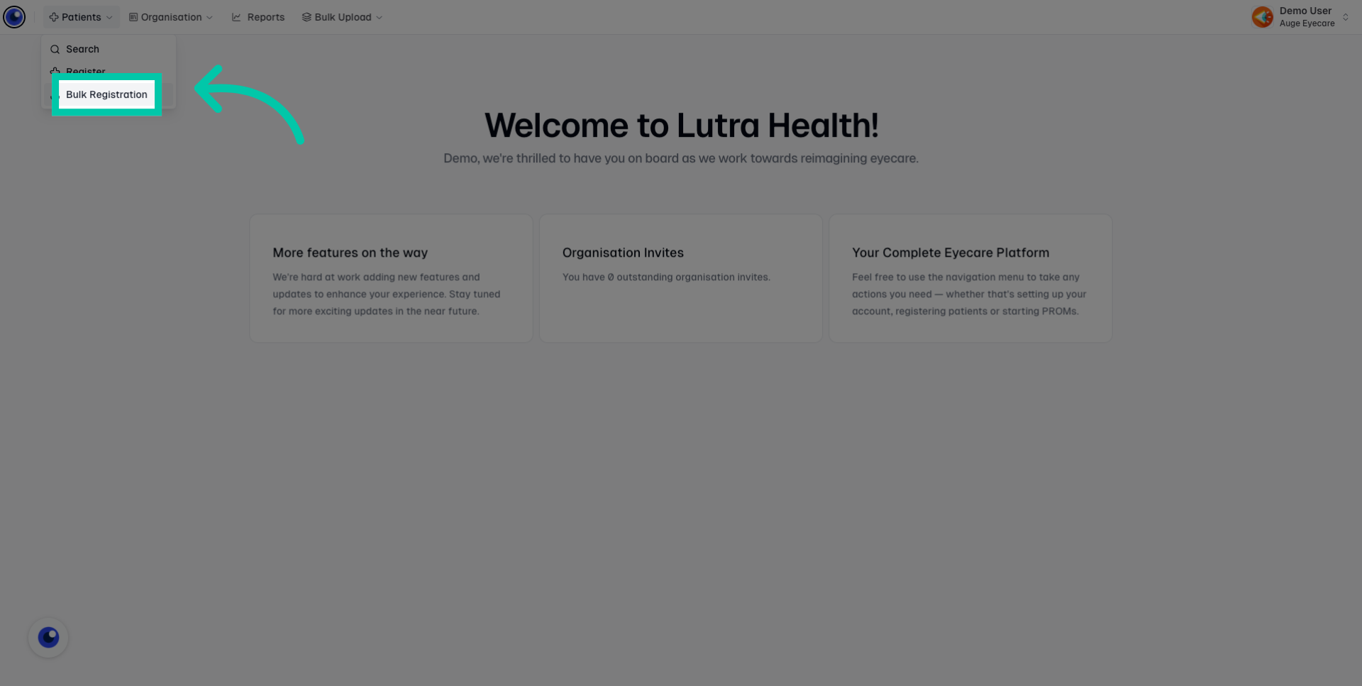 Lutra Health navigation with Patients menu open and Bulk Registration option highlighted