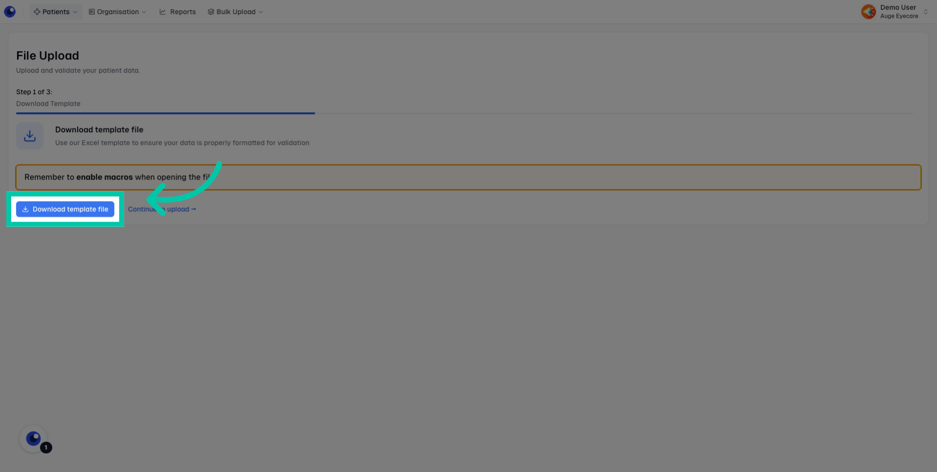 Button to download the bulk patient registration template file