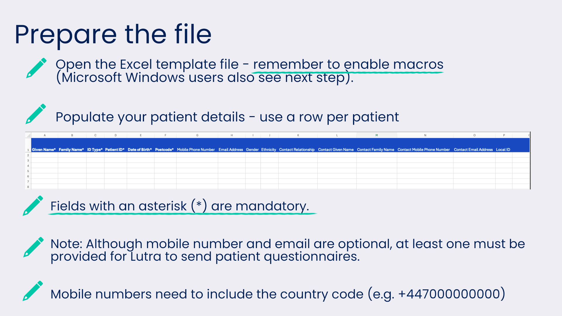 Excel spreadsheet template with columns for patient details ready to be completed