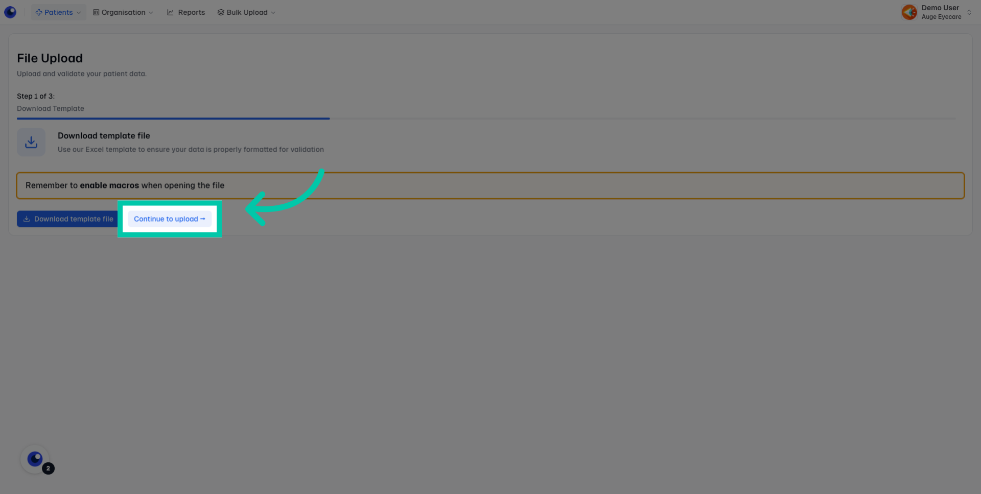 Lutra Health upload interface with option to select and upload the completed patient registration file