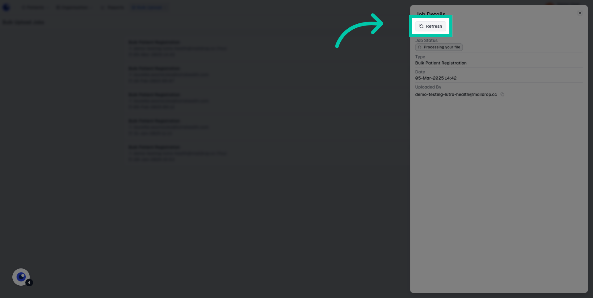 Button to refresh the bulk registration status and view completed jobs
