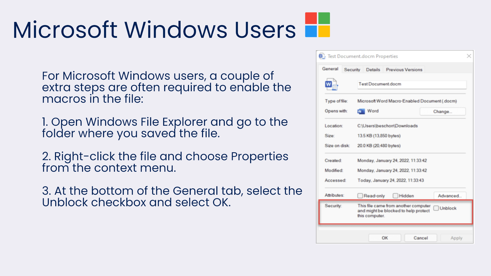 Windows File Explorer Properties dialog showing how to unblock the downloaded file