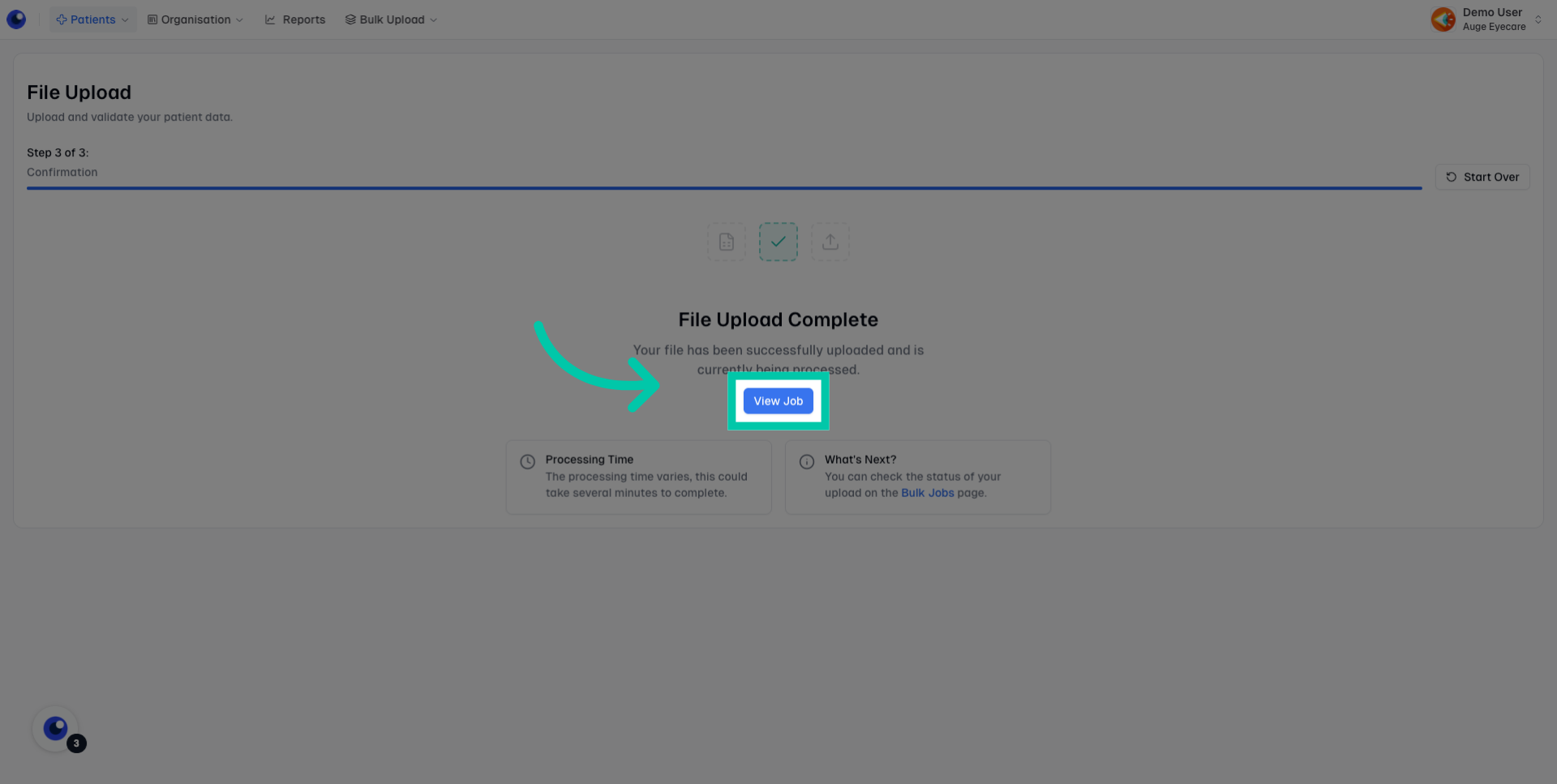 Bulk registration job progress screen showing status of uploaded patient registrations
