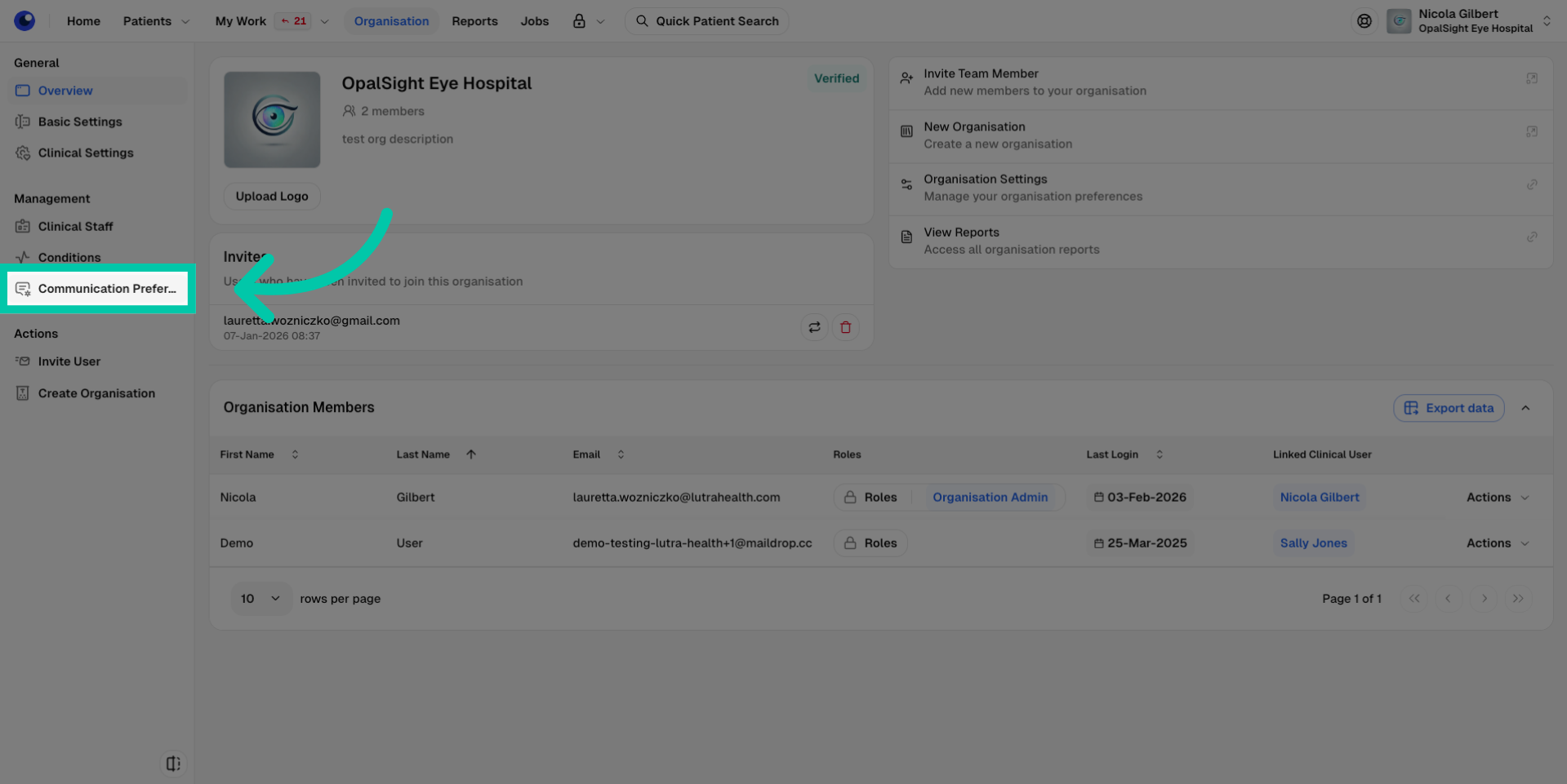 Communication Preferences section in organisation settings showing reminder options