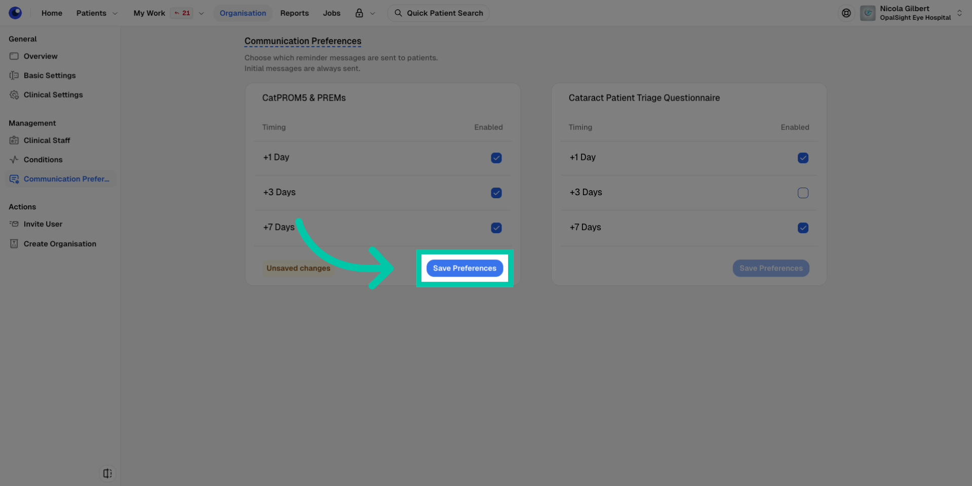 Button labelled ‘Save Preferences’ to confirm changes to patient reminder communication settings