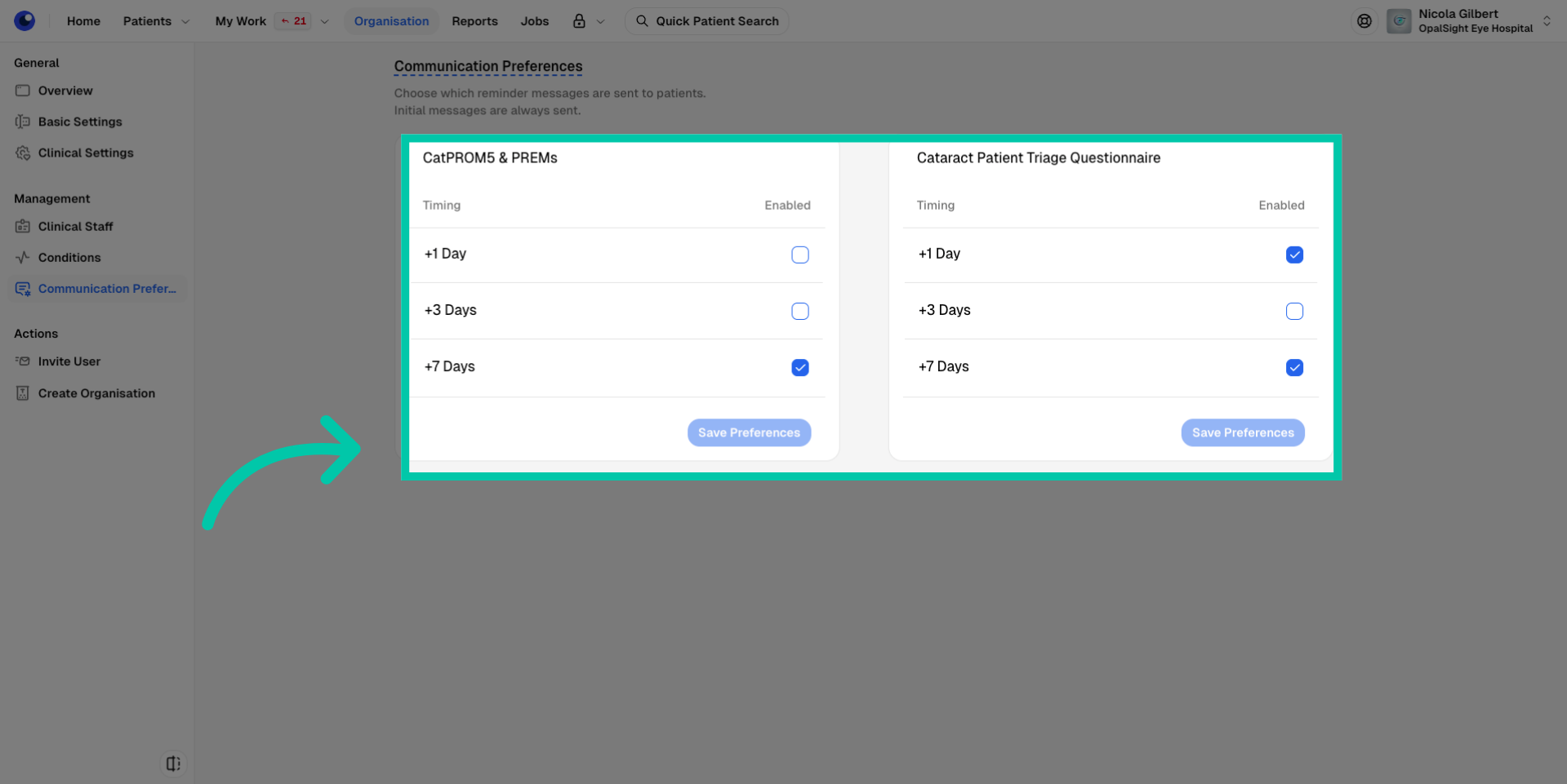 List of patient reminder communication options with checkboxes to select which reminders will be sent
