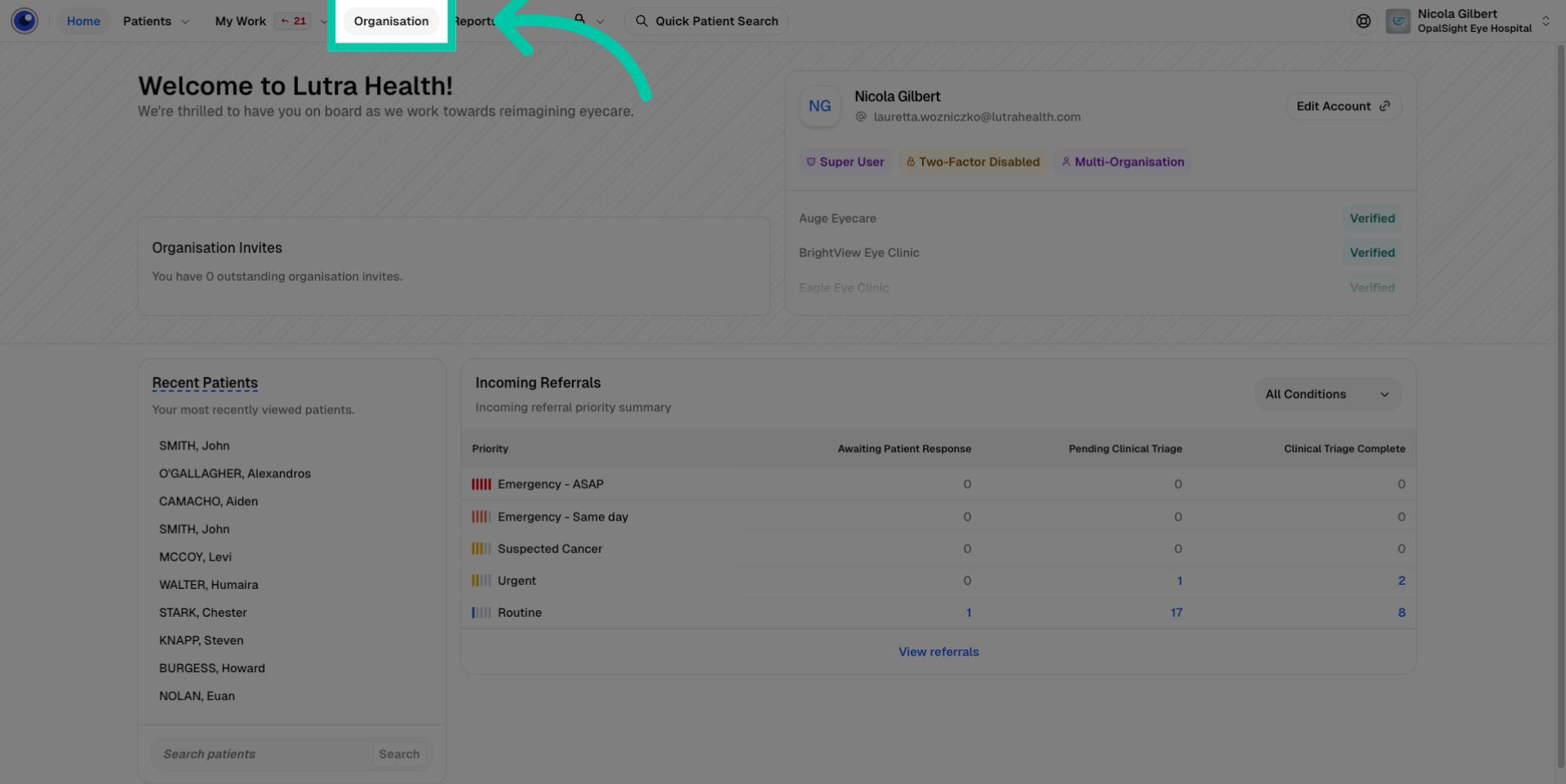 Organisation settings menu option highlighted to access patient reminder communication preferences